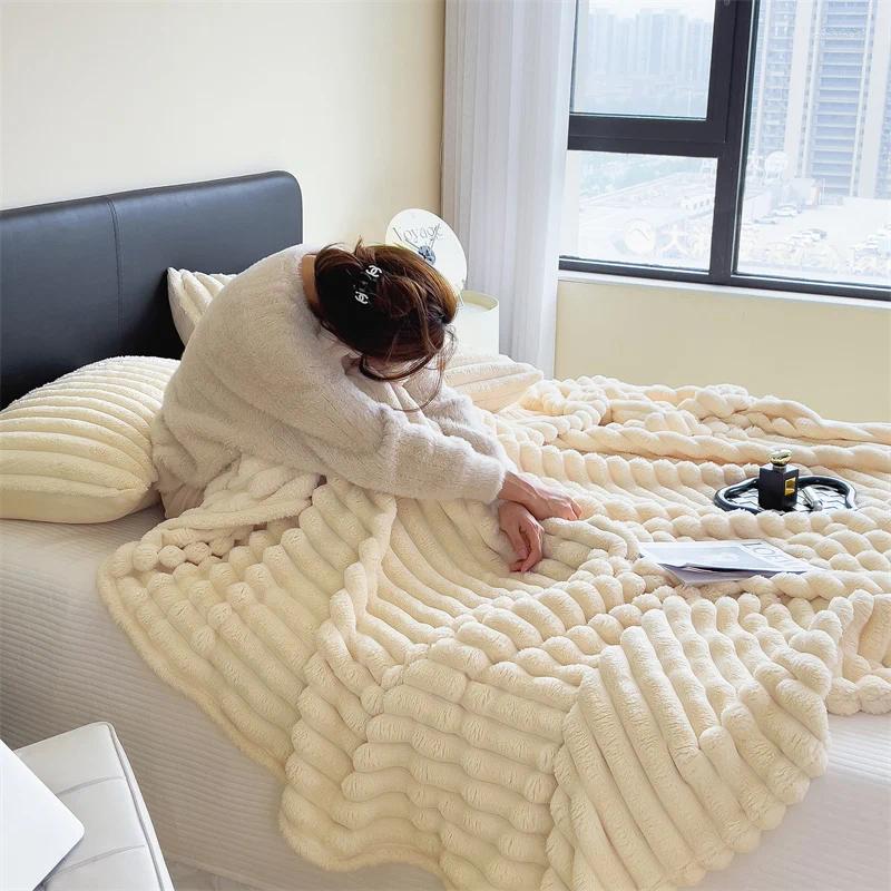 Blankets 1pc Double-sided Imitation Faux Fur Blanket Soft And Warm Throw Anti-static For Bedroom Guest Room Living Roo