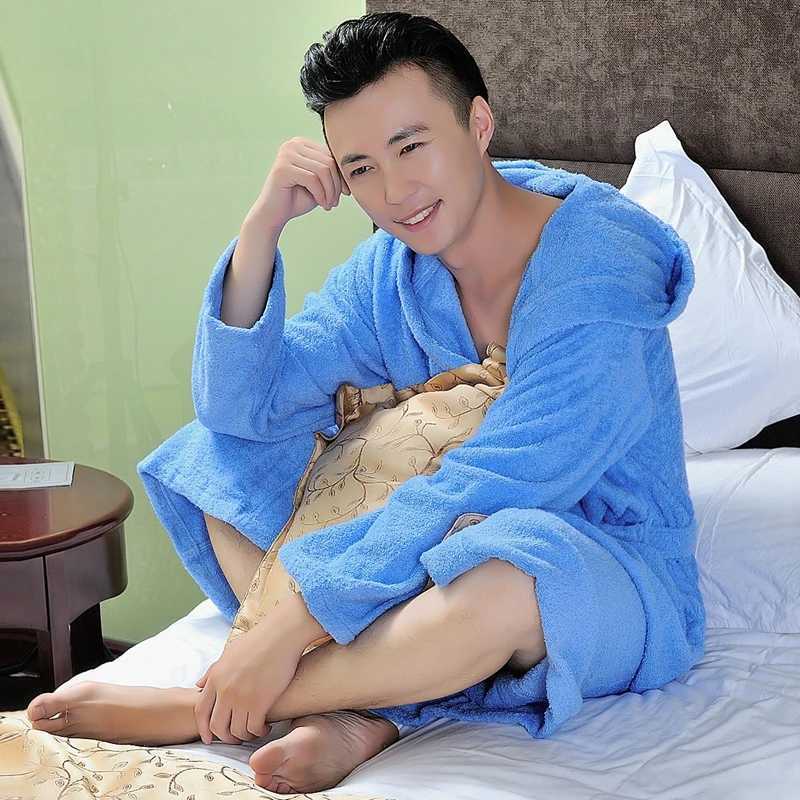 Bath Robe Men 100% Cotton Hooded Bathrobe Sleep Tops Men Winter Plush Pocket Long Robe Luxury Mens Clothing House Robe for Men Y240919