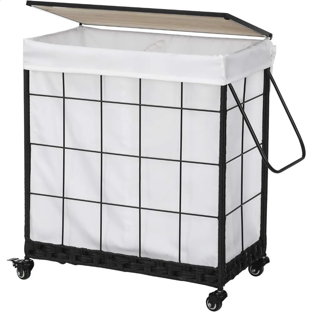Durable washing machine with detachable lining bag heavyduty wheels wooden cover and metal handle clothing sorting 240919