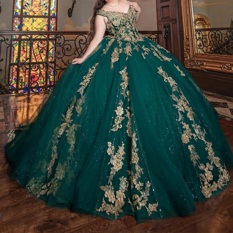 Emerald Green Princess Quinceanera Dresses Off the Shoulder Gold Applique Lace Beads Tull Corset Birthday Party Dress Vestidos De 15 Anos Sweet 16 Dre