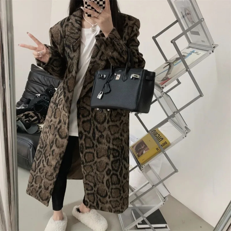 Miiiix Double Breasted Leopard Print Suit Woolen Coat Womens Winter Fashion Loose Jacket Trend Female Clothing 240909