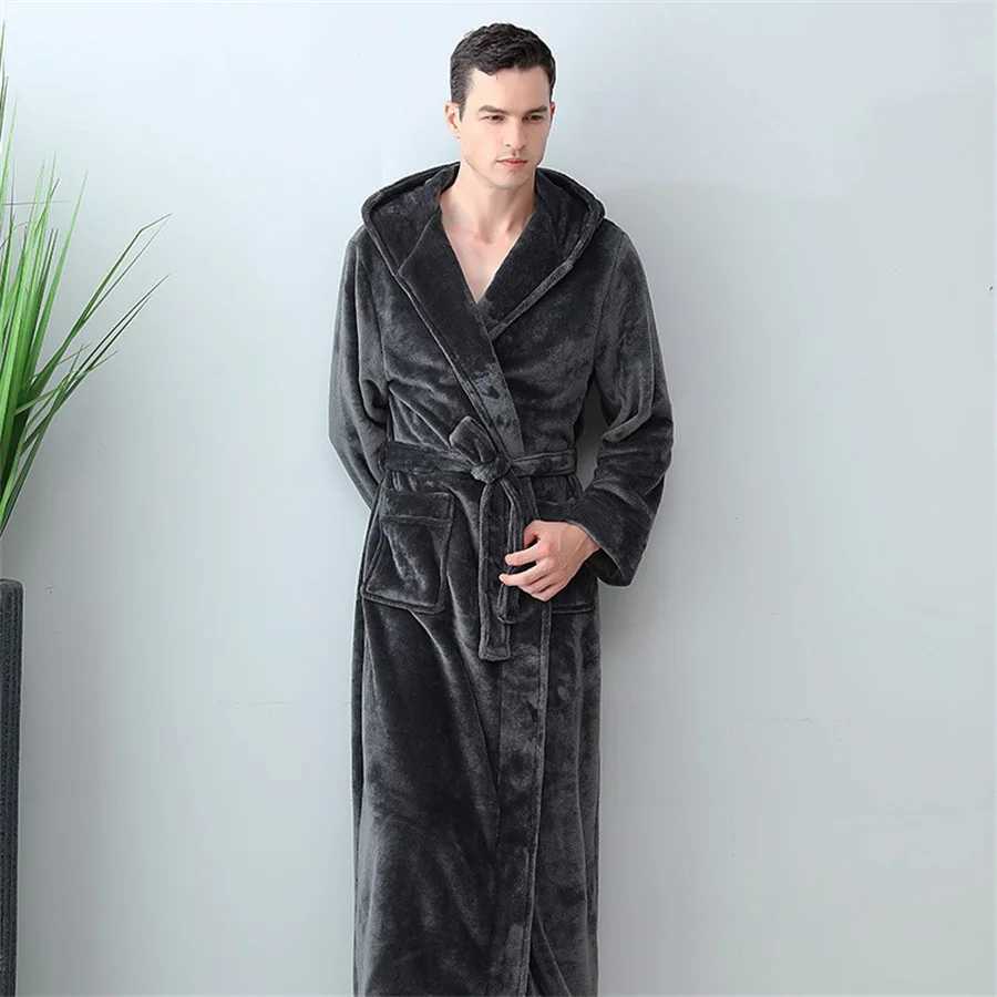 Mens Winter Bathrobe Hooded Robes Long Sleepwear Warm Plush ShawlShower Robe Night Gown Homewear Pajama Man Clothes for Sleep Y240919