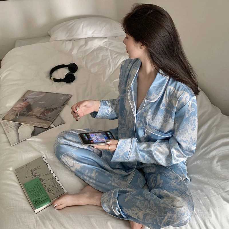2023 Autumn New Silk Womens Pajamas Collar Button Open Woolen Sweater Womens 2-piece Fashion Printed Set Womens Clothing W240919