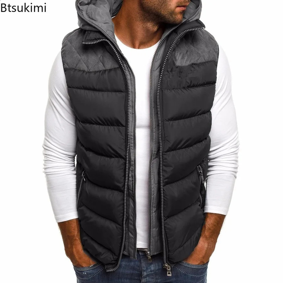 Autumn Winter Mens Down Vest Casual Waistcoat Sleeveless Jackets Male Hooded Vest Outwear Warm Coat Zipper Hooded Jacket Vest 240912