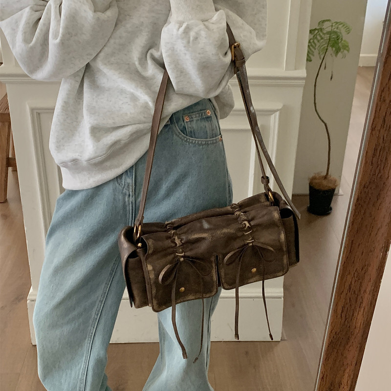 Square Drawstring Bow Moto & Bike Bags For Women Designer Handbag Purses 2024 New In Vintage Pleated Underarm Shoulder