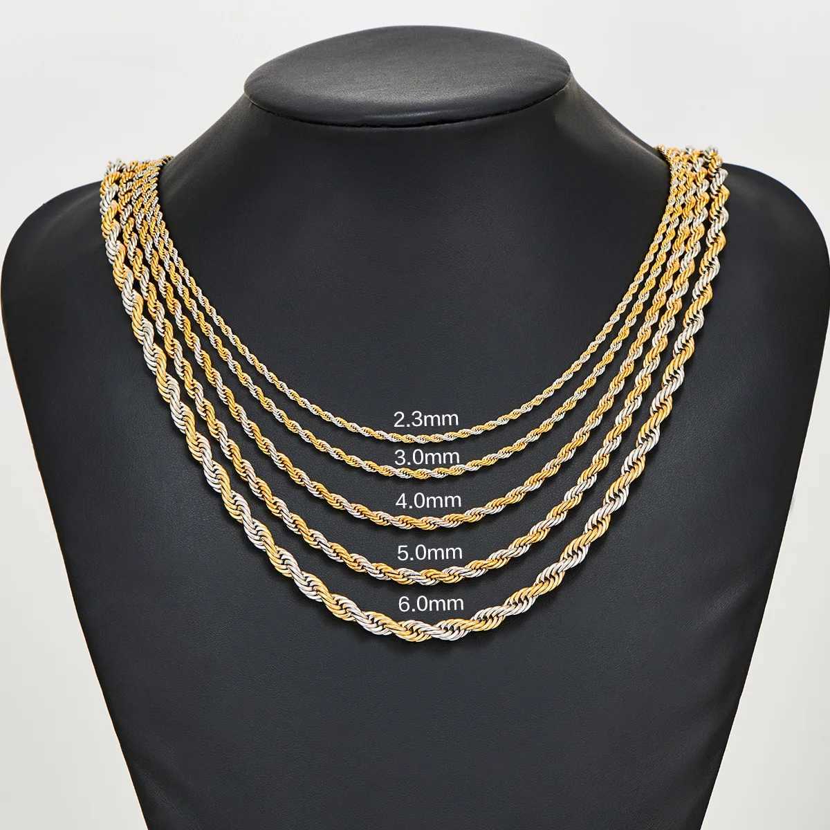 Width 2.3mm/3mm/4mm/5mm/6mm Stainless Steel Rope Chain Men Statement Gold Twisted Silver Color Necklace 16 to 30 InchesX240919