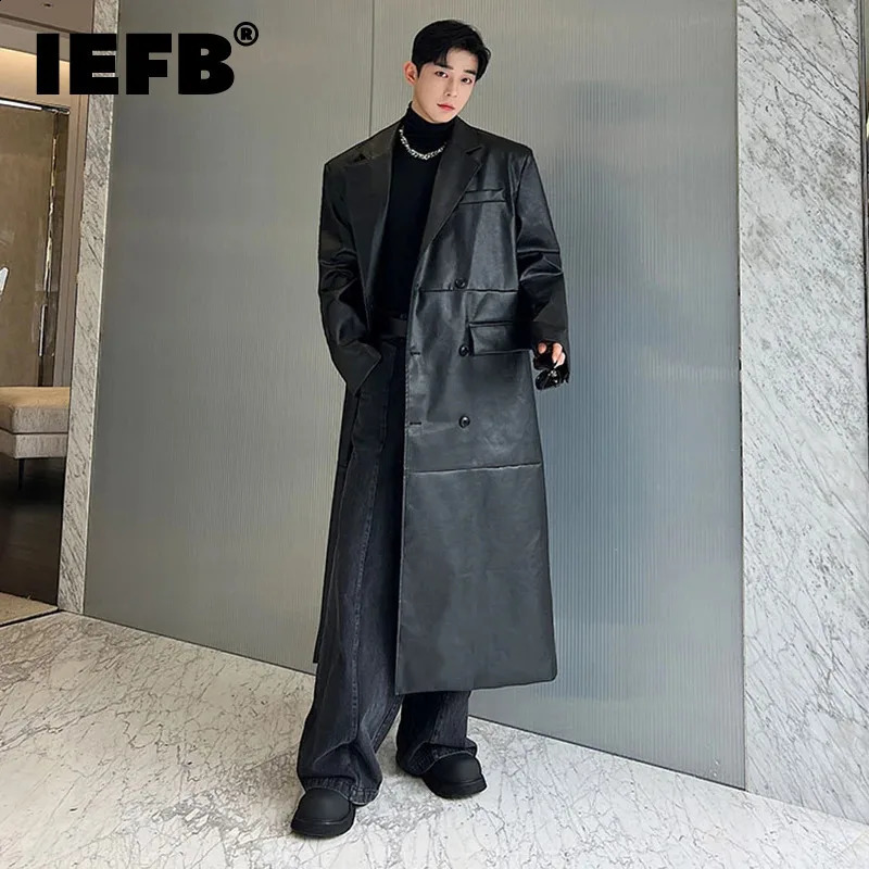 IEFB Autumn Winter Mens Leather Trench Coat Niche PU Wide Shoulder Long Overcoat Double Breasted Windbreaker 9C3216 240919