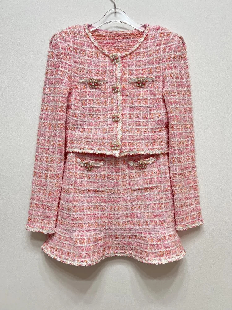 Womens pink plain weave tweed set long sleeved round neck short sleeved sweater cardigan or A-Line knitted trumpet mini skirt sweetheart womens set 24