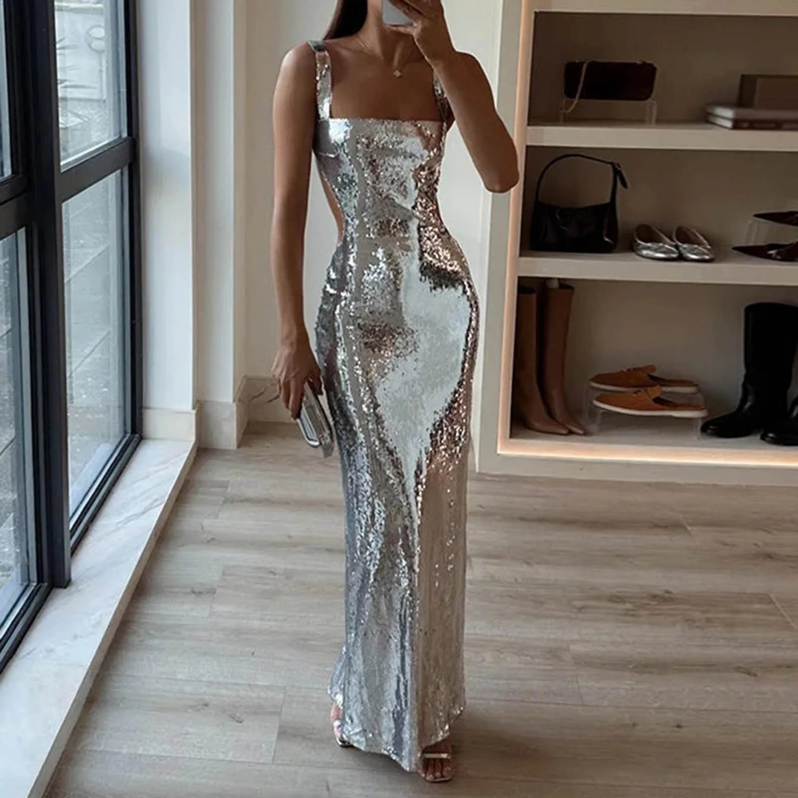 Woman Fashion Silver Sequin Halter Sheath Light Evening Long Dinner Dress - Sexy French Style C260311