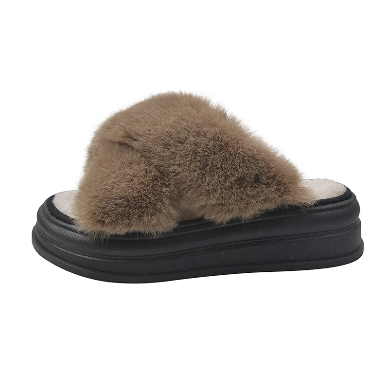 Winter Warm Thick Sole Height Increase Slippers: Korean Fashion Indoor Wear - Black, White, Khaki dh910320090