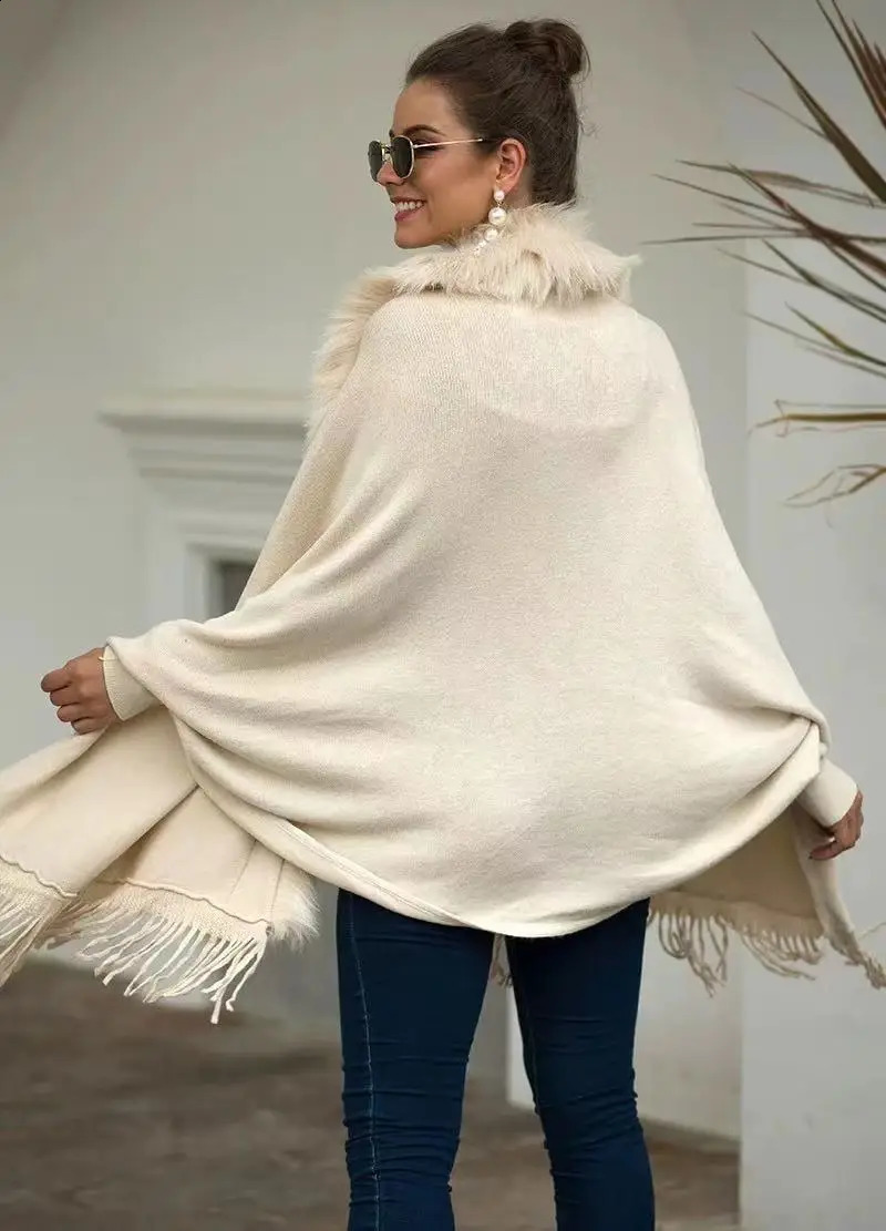 Womens cashmere hand feel shawl long sleeved womens artificial fox fur wrapped spring and autumn knitted cardigan classic sweater jacket 240919