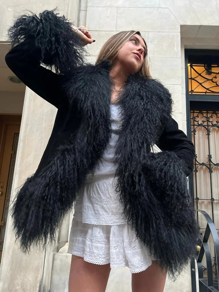 RR2814 Faux Mongolian Fur Trim Coats Women Fully Cotton Lined Suede Maxi Winter Jackets Warm Faux Fur Short Coats Hook Closure 240919