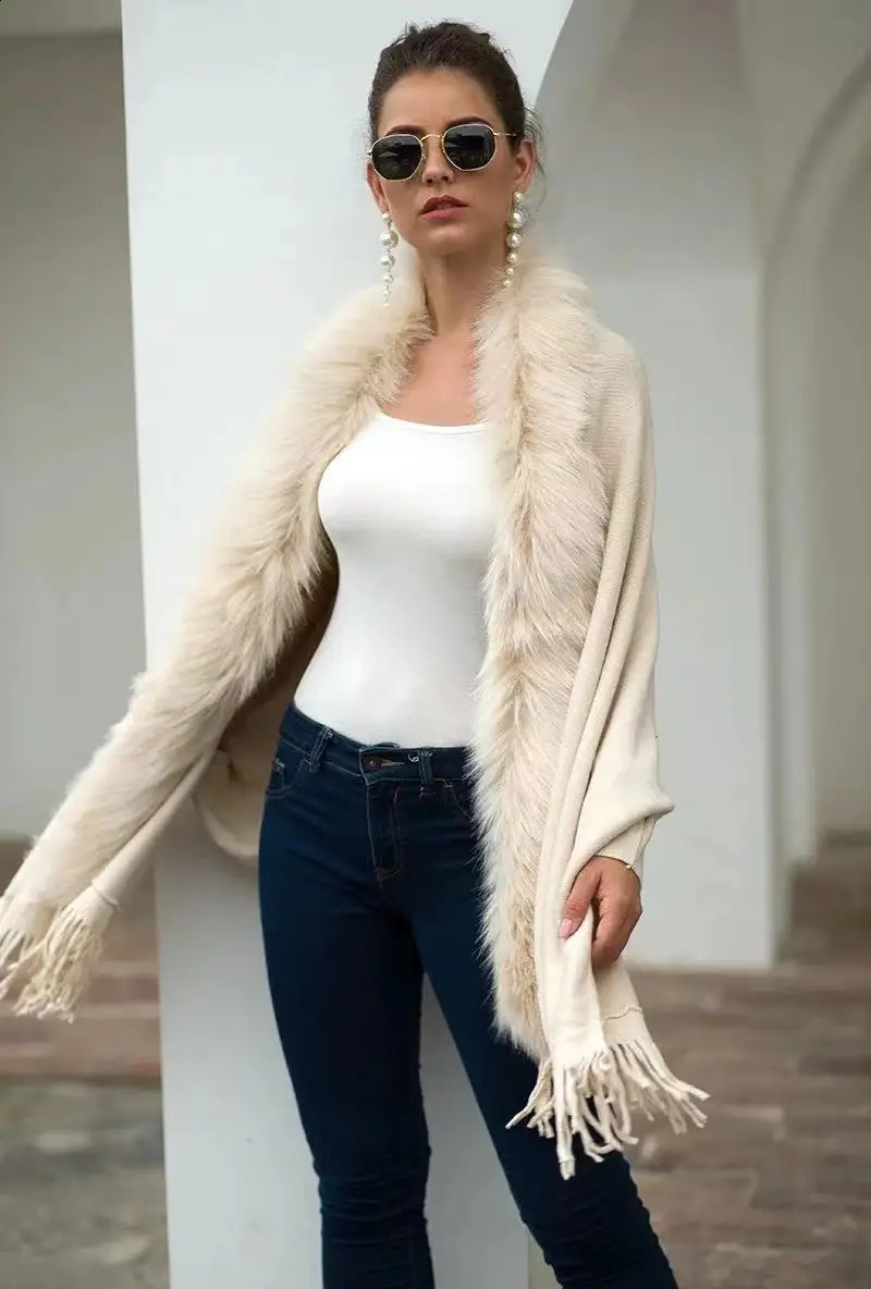 Womens cashmere hand feel shawl long sleeved womens artificial fox fur wrapped spring and autumn knitted cardigan classic sweater jacket 240919