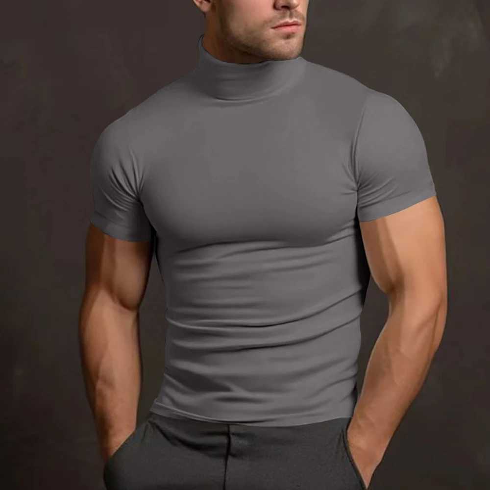 Summer Men Turtleneck Cotton Short Sleeve Slim Body T-Shirt Men Solid Color Base shirt Modale High Collar Short-sleeved Tshirt Z240919