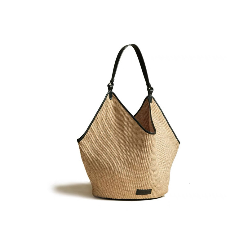 Genuine Leather Straw Tote Bag For Women, Large Capacity, Casual Shoulder Handbag, Woven Bucket Bag, New Summer Fashion, 2024