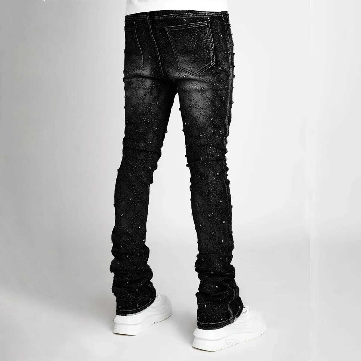 Men's Pants Elastic Pearl Mens Tight Jeans 2024 New Fashion Rhinestone European Street Personalized Stacked Jeans J240830
