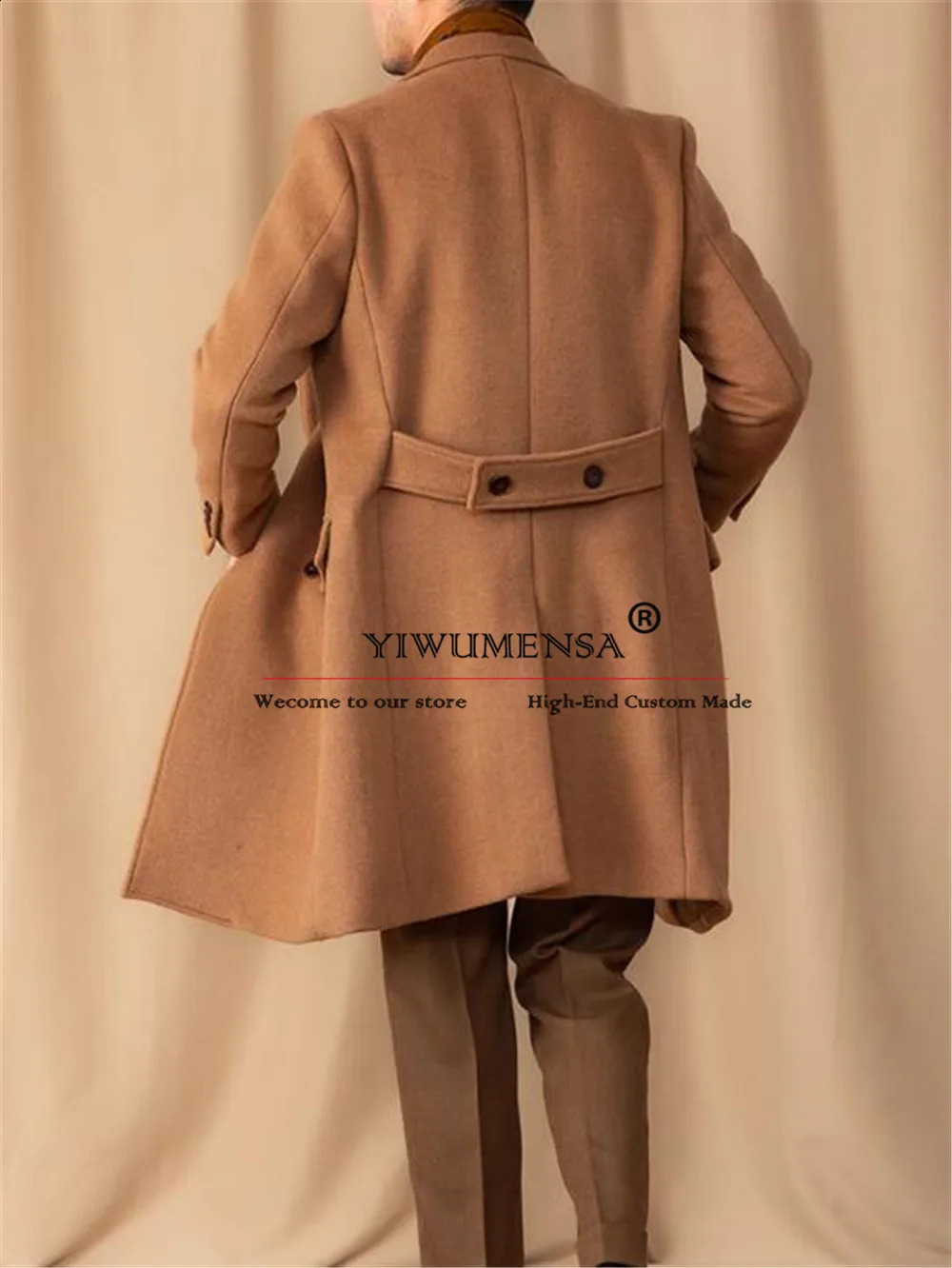 Formal Man Business Suit Jackets Brown Tweed Wool Blend Trench Coat Long Tailored Double Breasted Overcoat Groom Tuxedos Blazers 240911