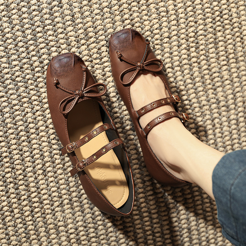 2024 Autumn Retro Brushed Color Square Head with Increased Height Single Shoe Butterfly Bow Mary Jane Single Shoe