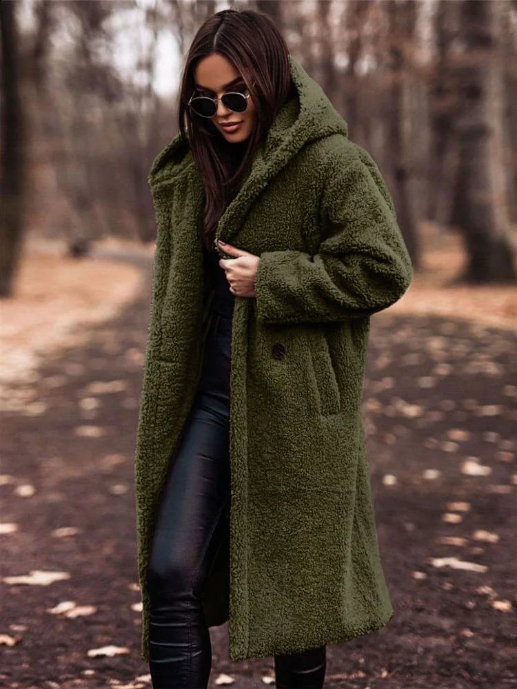 Womens faux fur coat teddy wool hooded robe Sherpa fluffy and chic open collar winter plush coat 240919