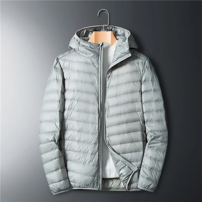 Winter Men Ultralight Thin Down Jacket White Duck Down Hooded Jackets Long Sleeve Warm Coat Parka Portable Outwear 240911