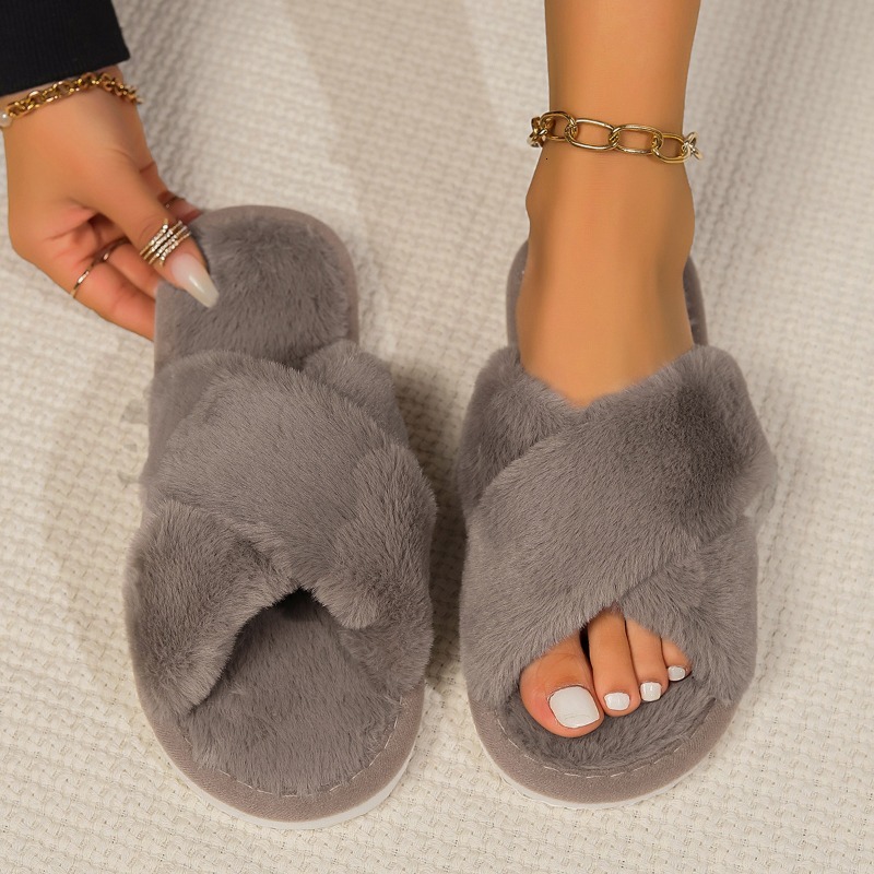Fashion Cross Strap Fluffy Women 2024 Winter Warm Fur Home Slippers Woman Comfortable Soft Sole Non Slip Indoor Shoes