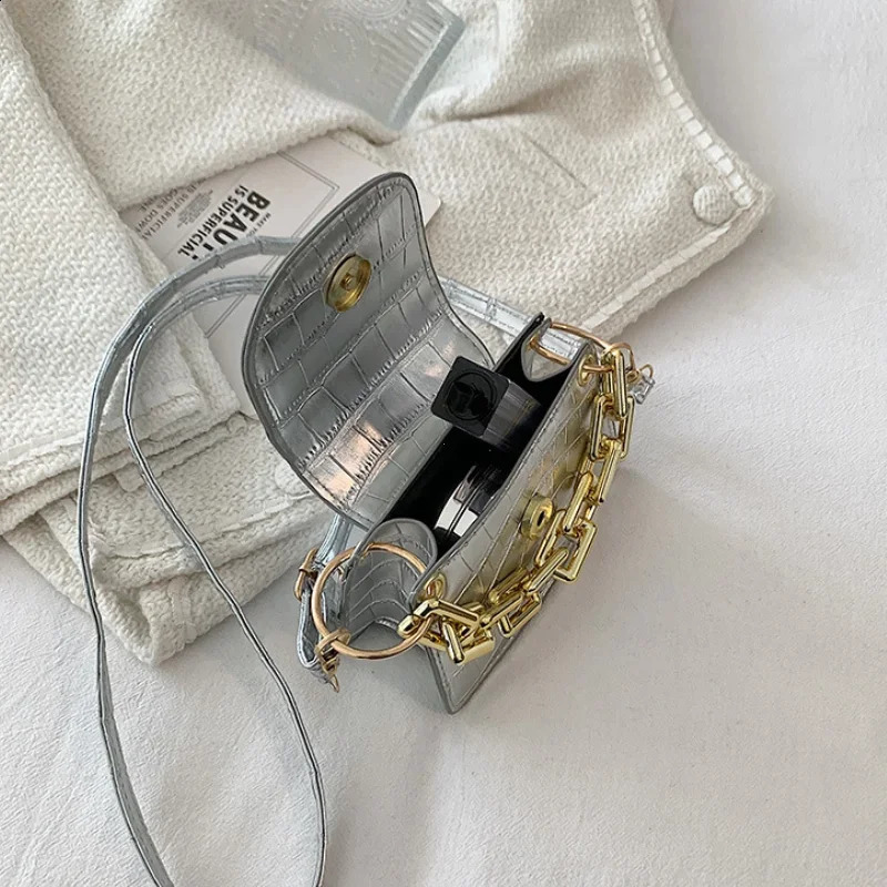Ins Gold Silver PU Leather Shoulder Crossbody Small Bag Fashion Mini Chain Lipstick Bag Trend Bags for Women Cute Coin Purse 240919