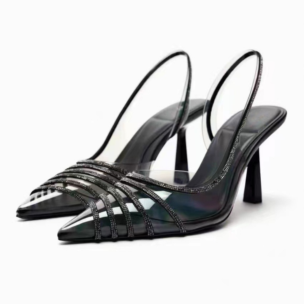 Summer Women's Sandals Apricot Shiny Rhinestone High Heels Shoes Fashion Transparent Sexy Slingback High Heels Woman 916