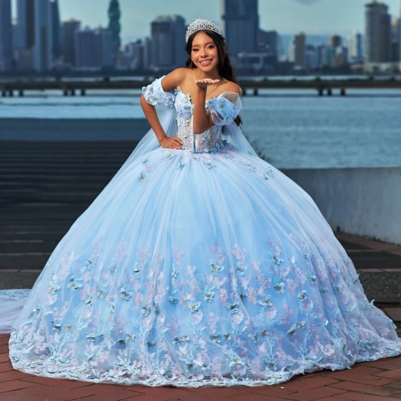 Sky Blue Quinceanera Dresses Gowns Ball With Cape Lace Applique Butterfly Tull Sweet 16 Dress Mexican Party Vestidos 15 De Anos
