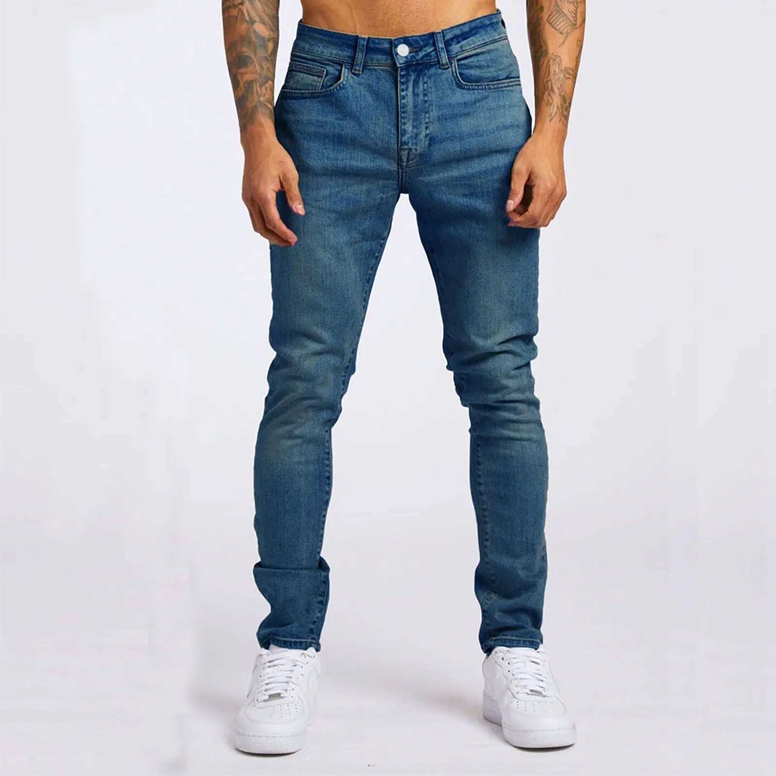 Mens tight elastic open top tapered leg jeans light blue large and tall mens E-sport retro slim fit W240919