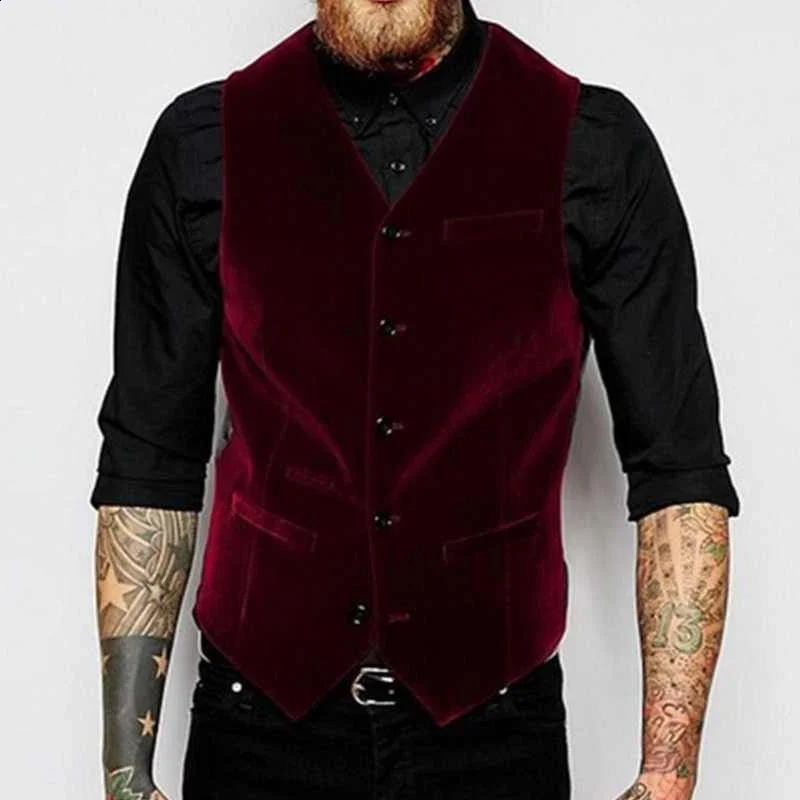 Burgundy Velvet Vest for Men Suit V Neck Single Breasted 1 Piece Casual Male Waistcoat Fashion Coat 240919
