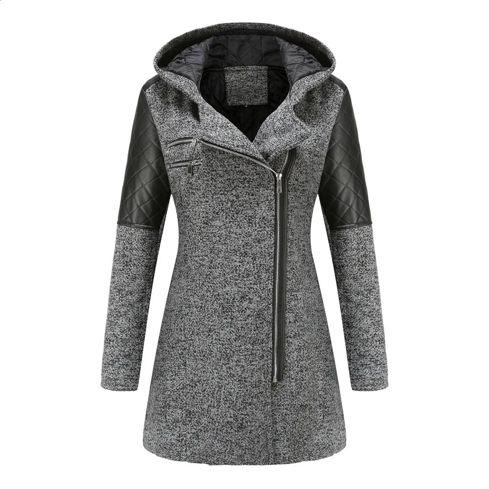 Womens Woollen Overcoat Autumn Winter Female Hooded Zipper Tweed Jacket Womens Thicken Warm Long Coats Womens Clothing 240909