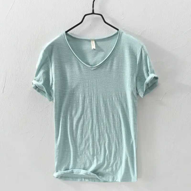 High Quality summer new 100% pure cotton white T-shirt mens V-neck solid color casual T-shirt basic T-shirt plus size 3XL short sleeved top T250108
