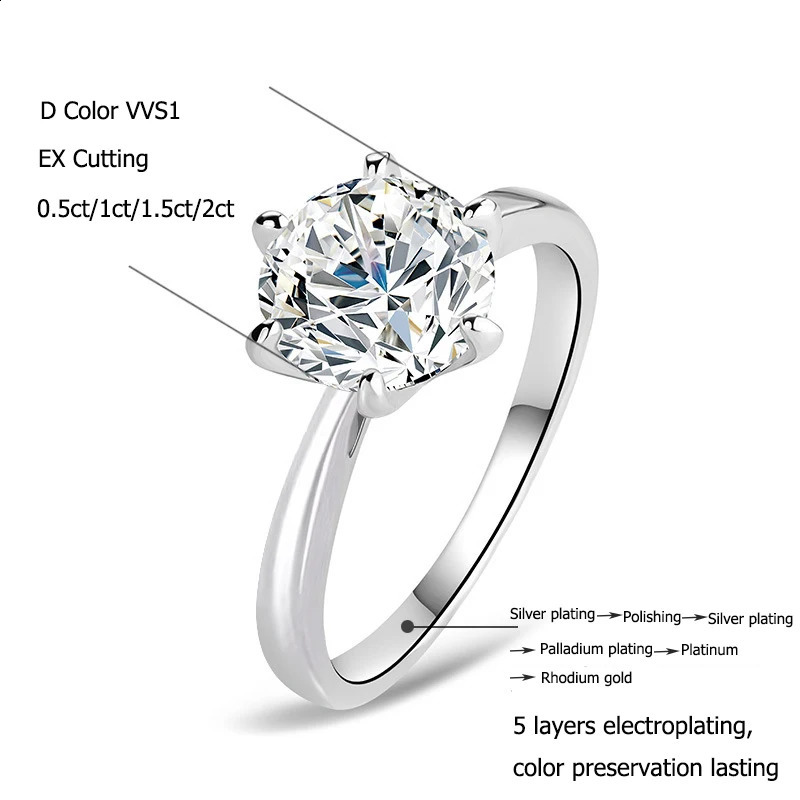0.5ct 1ct 1.5ct 2ct D colored silica stone womens engagement ring 925 sterling silver gold-plated card ring wholesale 240918