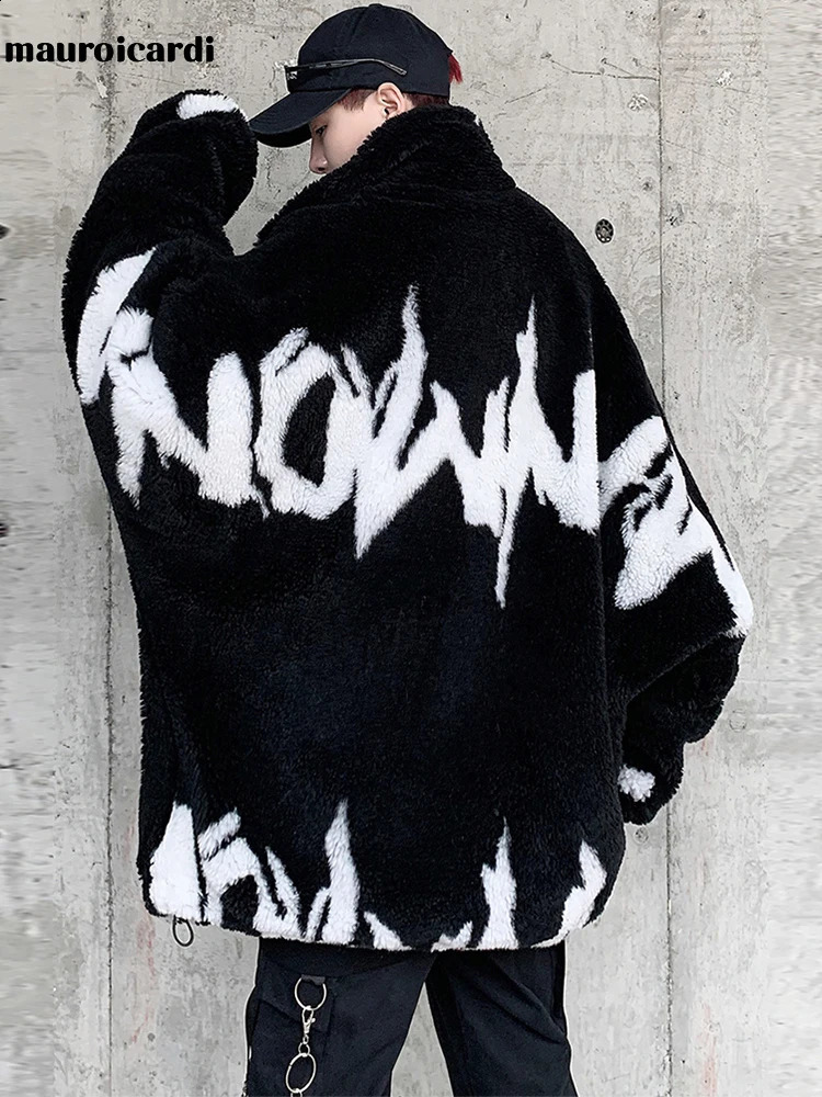 Mauroicardi Winter Oversized Thickened Warm Fluffy Faux Fur Jacket Men Raglan Long Sleeve Zip Up er Clothes 240911