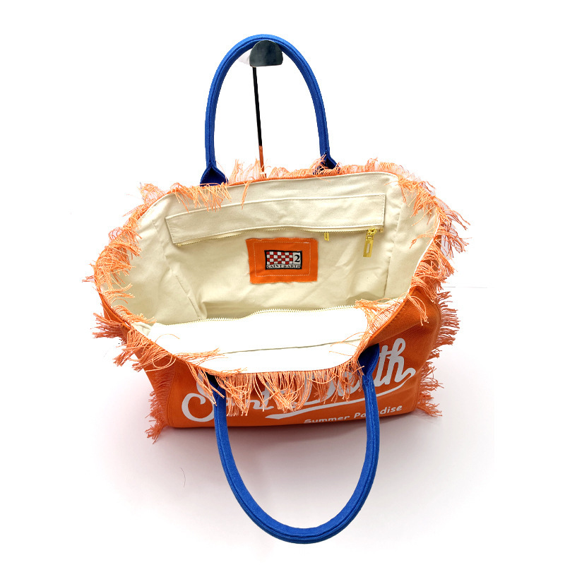 2024 New Women's Large Capacity Leisure Tourism Canvas Stripe Handmade Tassel Handbag Tote Bag