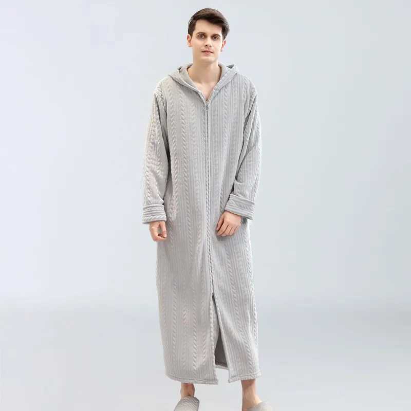 Popular Mens Plus Fat and Oversized Home Clothes Winter Flannel Pajamas Zipper Bathrobe Warm Pajamas Solid Color Long Pajamas Y240919
