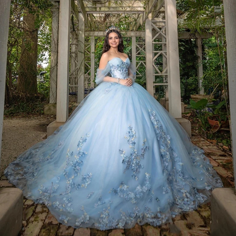 Sky Blue Charming Quinceanera Dresses Ball Gown Off The Shoulder Classic 3D Flower Applique Crystal Sweet 16 Dress Vestidos De15 Anos