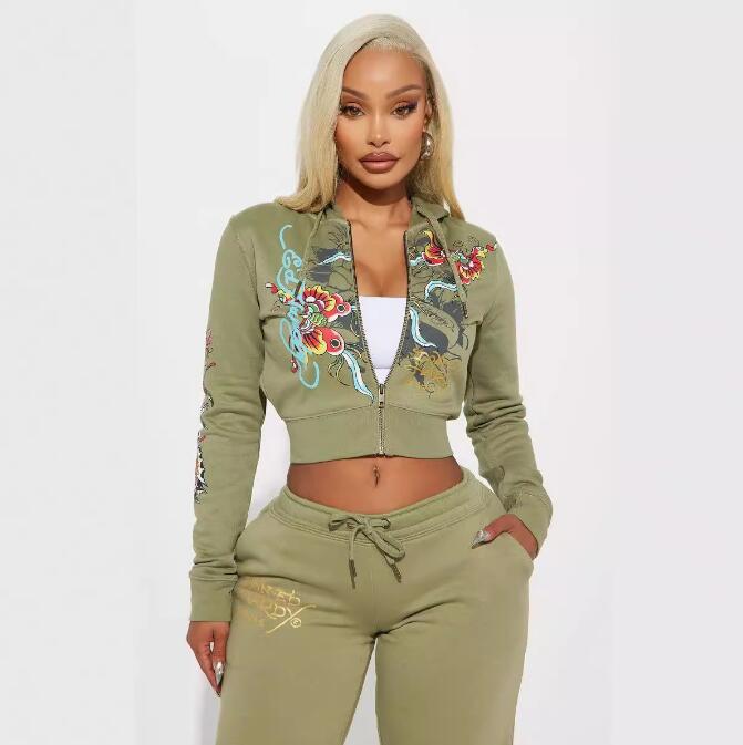 Women's Joggers 2-Piece Printed Sportswear Hoodie Zipperand Ed Hardytracksuit Sweatpants Set Letter Print Short Sleeve High Street 6A6 C260312