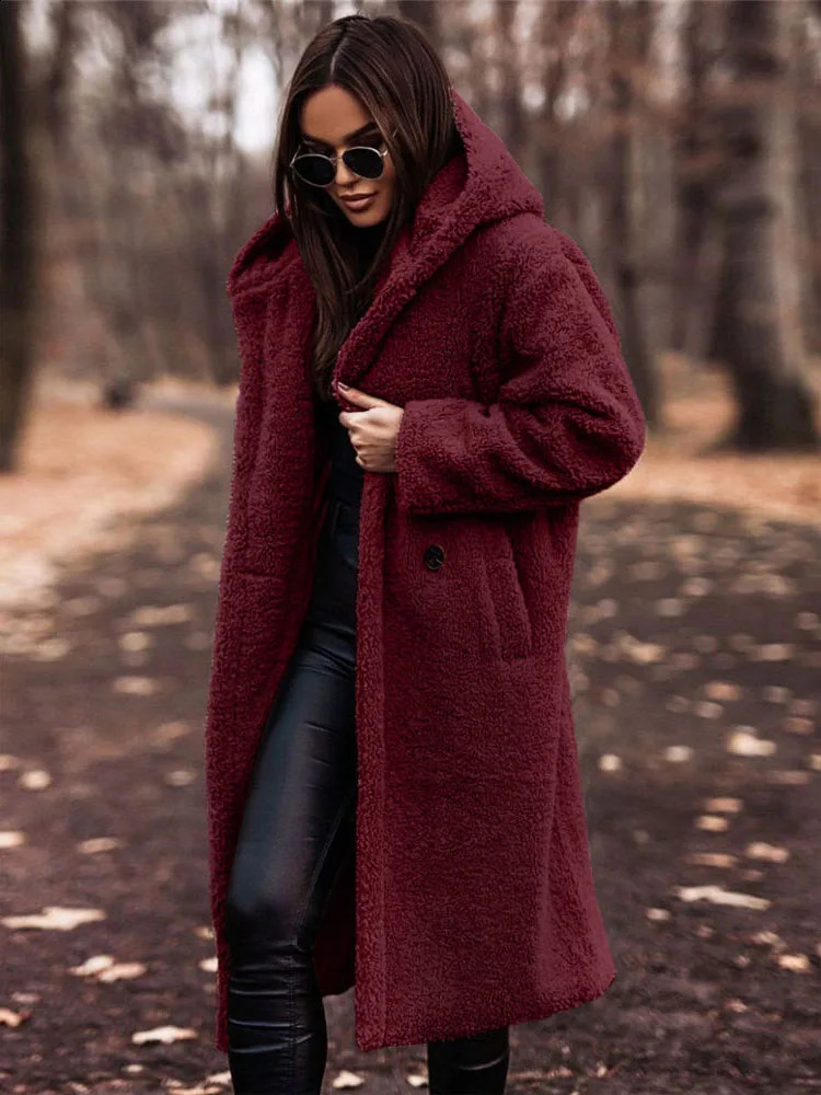 Womens faux fur coat teddy wool hooded robe Sherpa fluffy and chic open collar winter plush coat 240919
