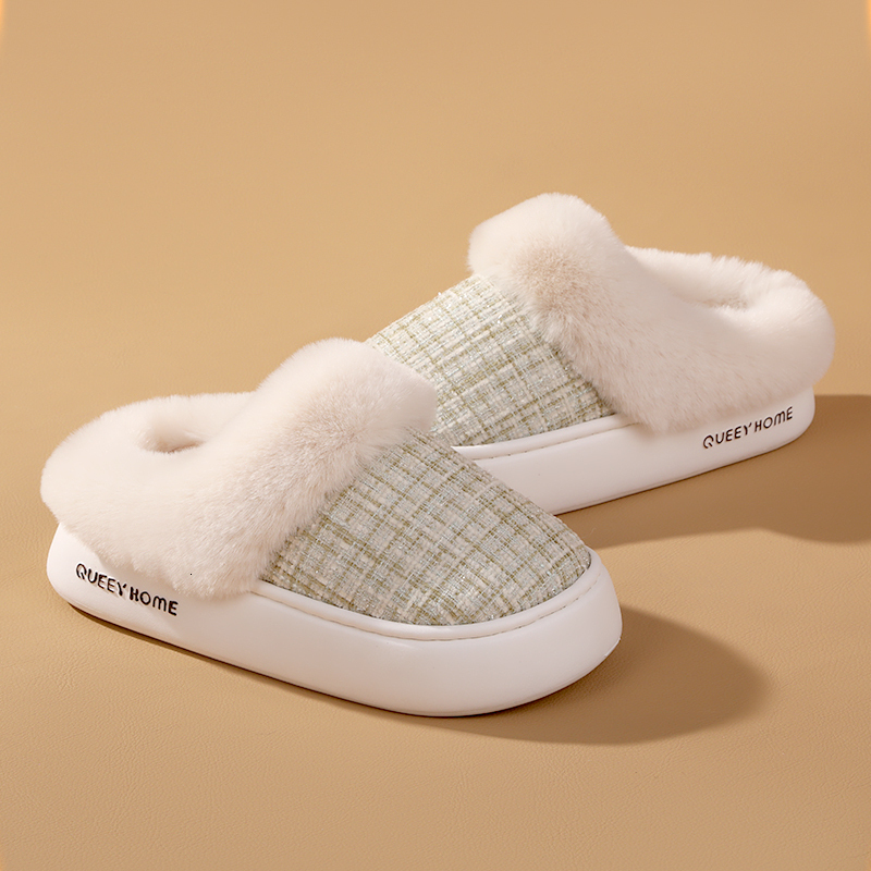Queey Home Winter Chic Women EVA Flat Non-Slip Furry Fine Grid Pattern Slippers Indoor Outdoor Comfort Cotton slippers