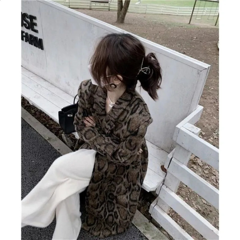 Miiiix Double Breasted Leopard Print Suit Woolen Coat Womens Winter Fashion Loose Jacket Trend Female Clothing 240909