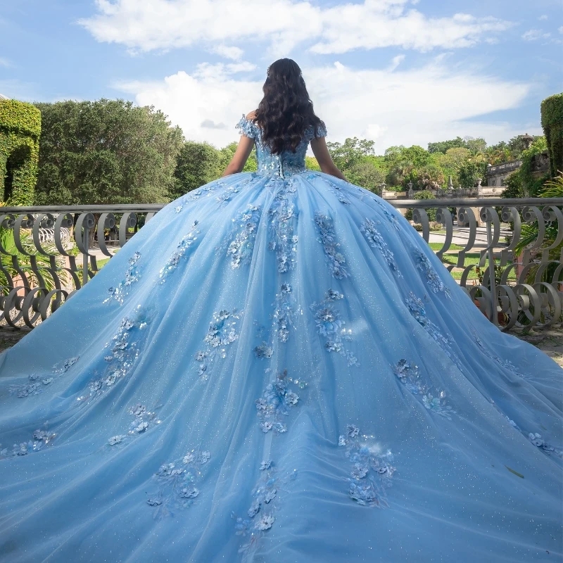 Sky Blue Shiny Princess Quinceanera Dresses Ball Gown Off Shoulder Sequin Lace Appliques Crystal Sweet 16 Dress Vestidos De 15 Anos