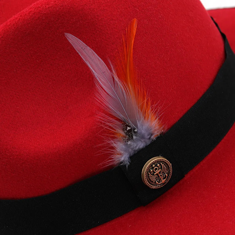 Feather Band Wool Felt Jazz Fedora Hat Womens Neutral Wide Brim Panama Party Trilby Cow Hat Mens Gentleman Wedding Hat 240919