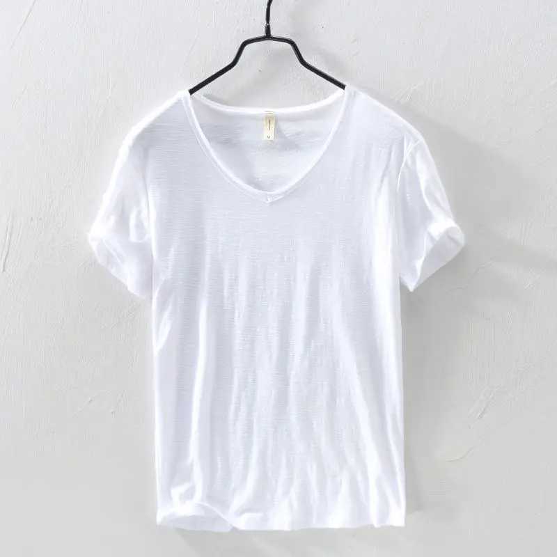 High Quality summer new 100% pure cotton white T-shirt mens V-neck solid color casual T-shirt basic T-shirt plus size 3XL short sleeved top T250108