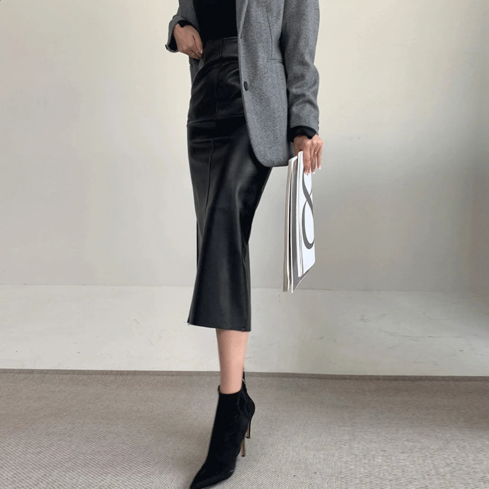 Elegant Fashion Faux Leather PU Skirts Women Clubwear Party Office Lady High Waist Midi Skirts Bodycon Wrap Hips Bottom Clothes 240919