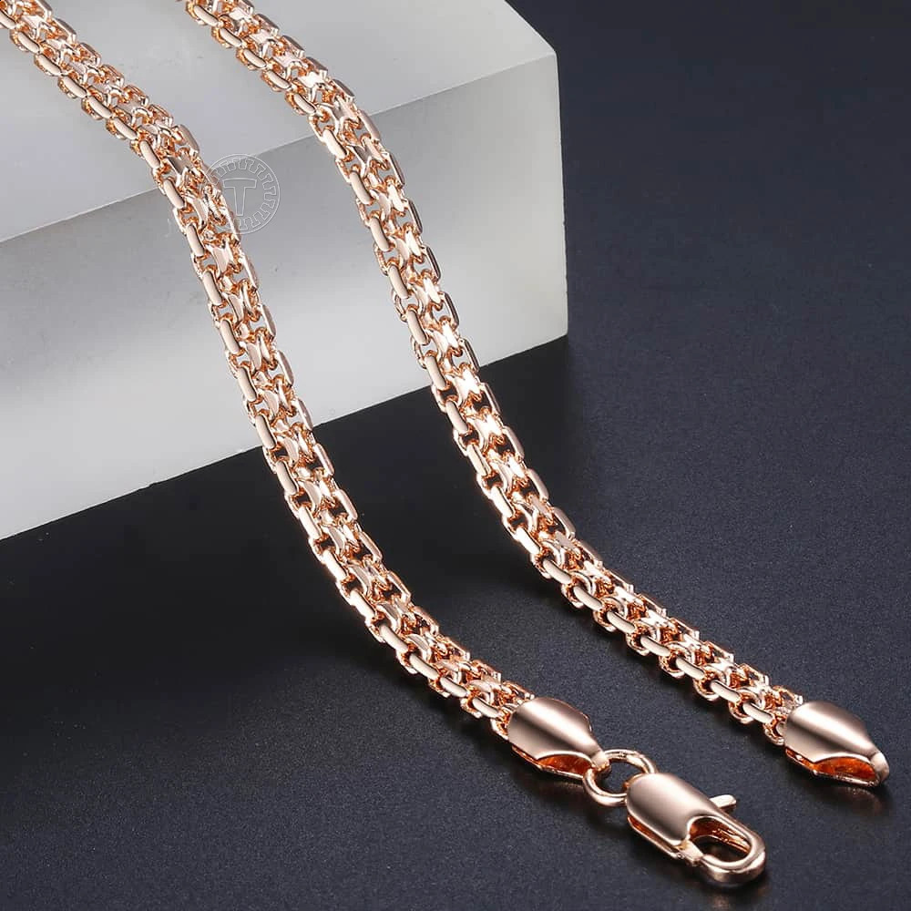 585 Rose Gold Colored Necklace for Men Bismark Hammered Link Chain Fashion Jewelry Accessories 5mm GN452A 240904