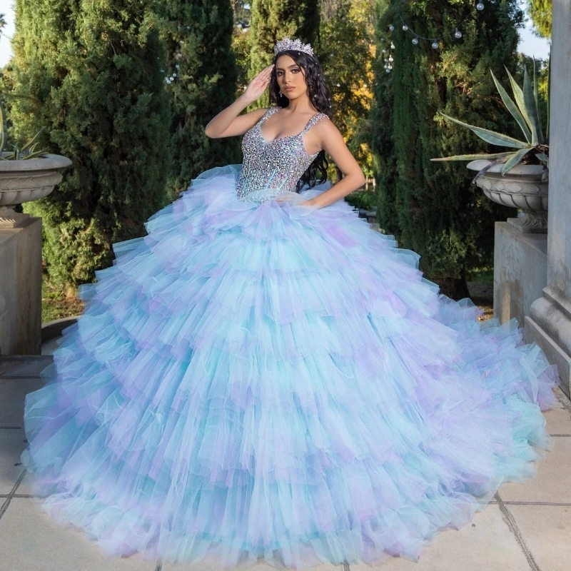 Sky Blue Lilac Quinceanera Dresses Mexican Sweet 16 Birthday Dress Spaghetti Strap Beads Crystal Tiered Tull Ruffle Vestidos 15 Anos