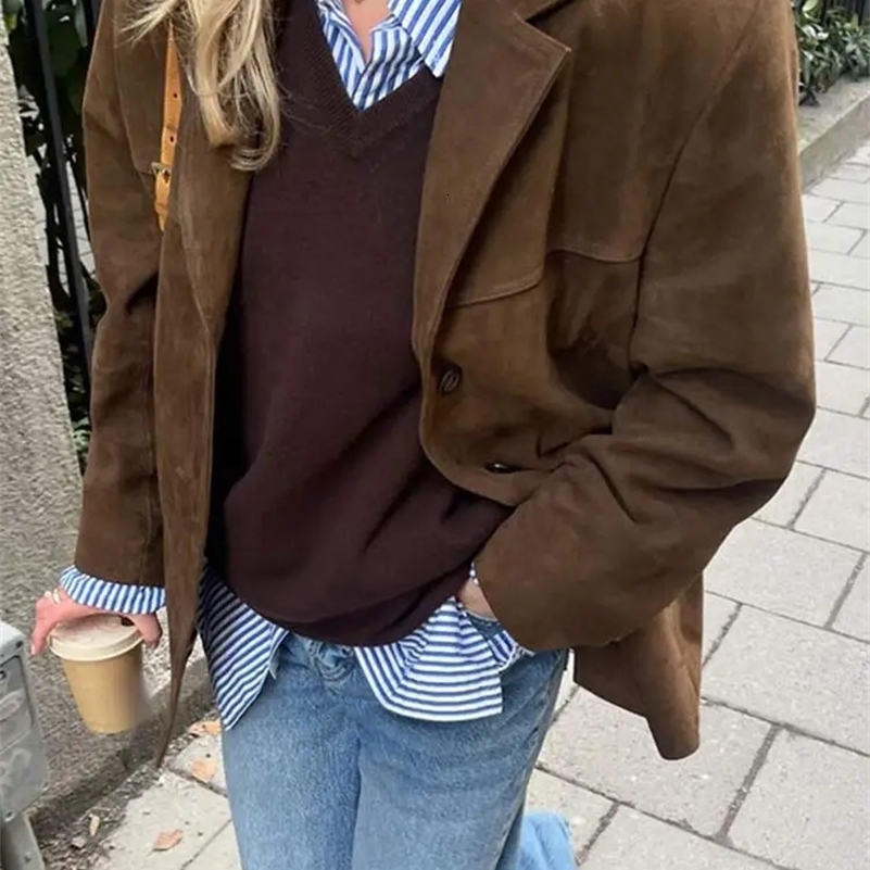 Casual Brown Lapel Pocket Suede Leather Jacket Fashion Woman Single Button Long Sleeve Crop Coat 2024 Lady Autumn Street Outwear y240919