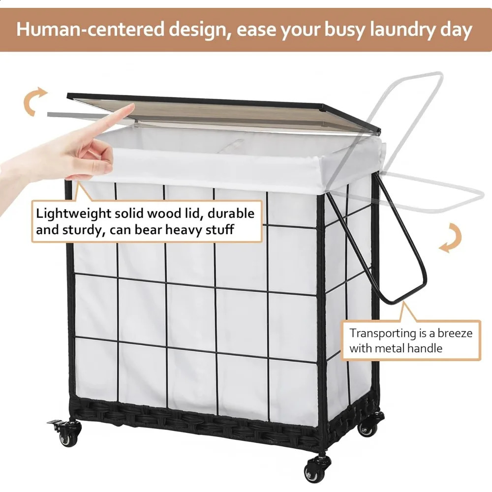 Durable washing machine with detachable lining bag heavyduty wheels wooden cover and metal handle clothing sorting 240919