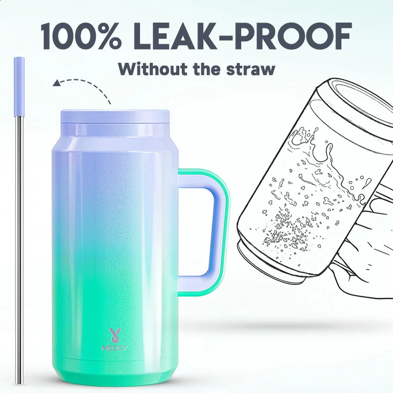 Meoky 64oz stainless steel vacuum cup with lid large capacity portable coffee cup green purple gradient juice cup for sports 240918